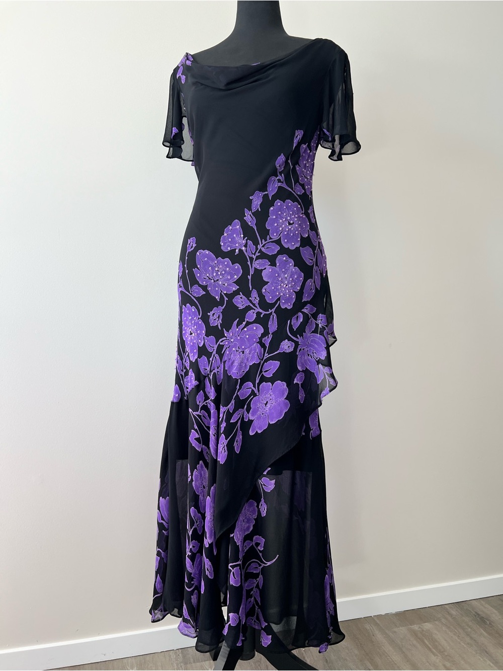 Vintage Asymmetrical Whimsigoth Evening Dress with Purple Floral and Sequins